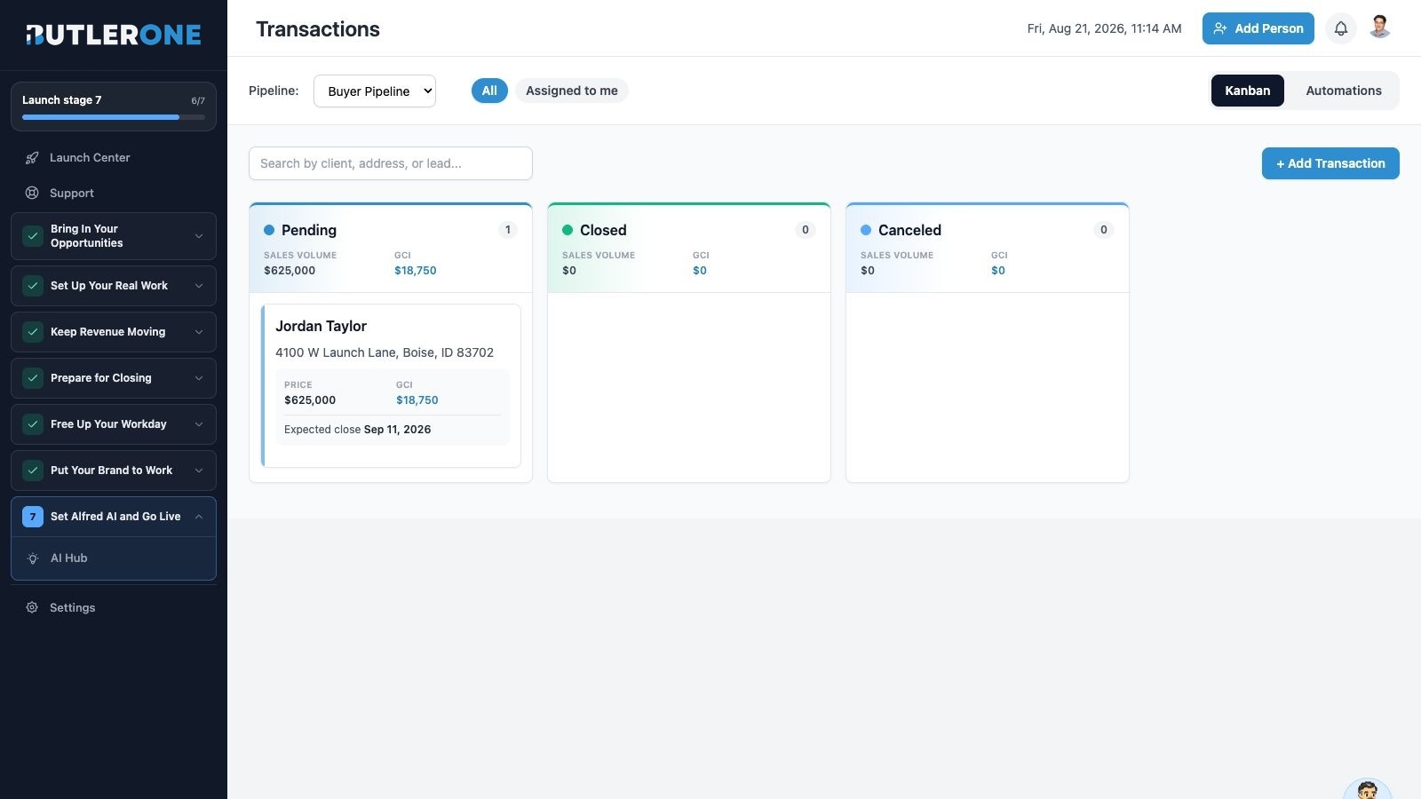 The live ButlerOne transaction pipeline showing a pending transaction, sales volume, projected commission, and closing date